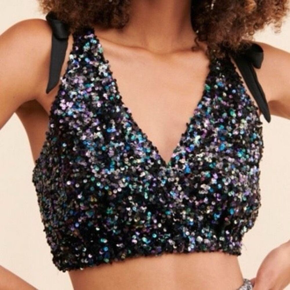 Free People Big Night Sequin Crop Top In Black Size Medium $68